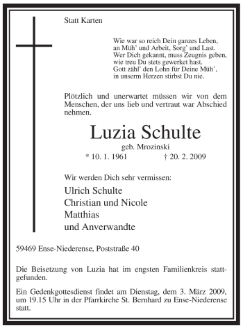 Traueranzeige von Luzia Schulte von Tageszeitung