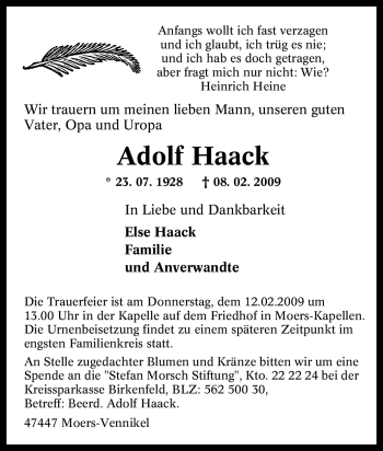 Traueranzeige von Adolf Haack von Tageszeitung