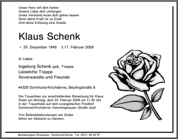 Traueranzeige von Klaus Schenk von Tageszeitung
