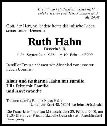 Traueranzeige von Ruth Hahn von Tageszeitung