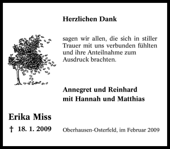 Traueranzeige von Erika Miss von Tageszeitung