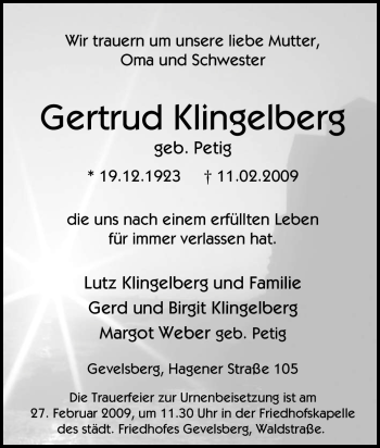 Traueranzeige von Gertrud Klingelberg von Tageszeitung