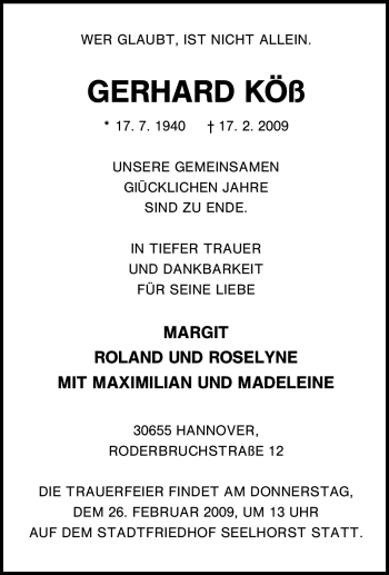 Traueranzeige von Gerhard Köß von Tageszeitung