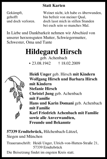Traueranzeige von Hildegard Hirsch von Tageszeitung
