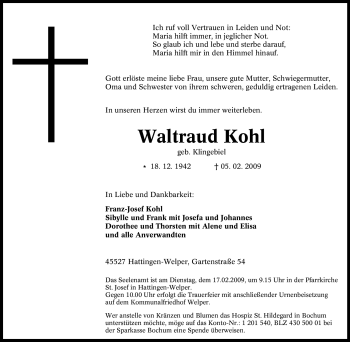 Traueranzeige von Waltraud Kohl von Tageszeitung