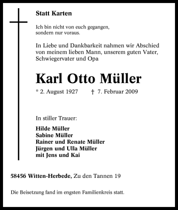 Traueranzeige von Karl Otto Müller von Tageszeitung