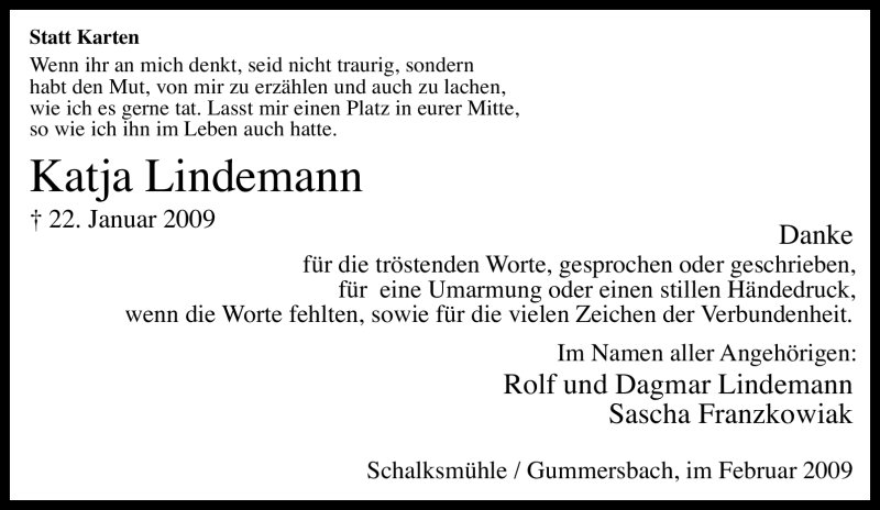  Traueranzeige für Katja Lindemann vom 25.02.2009 aus Tageszeitung