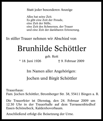Traueranzeige von Brunhilde Schöttler von Tageszeitung