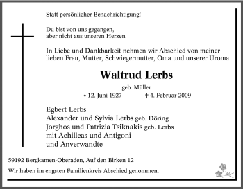 Traueranzeige von Waltrud Lerbs von Tageszeitung