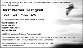 Traueranzeige von Horst Werner Gestigkeit von Tageszeitung