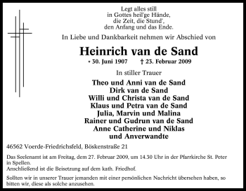 Traueranzeige von Heinrich van de Sand von Tageszeitung