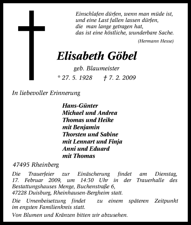  Traueranzeige für Elisabeth Göbel vom 12.02.2009 aus Tageszeitung