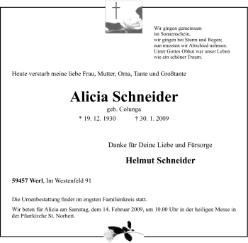 Traueranzeige von Alicia Schneider von Tageszeitung