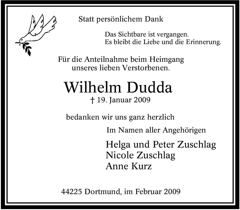  Traueranzeige für Wilhelm Dudda vom 07.02.2009 aus Tageszeitung