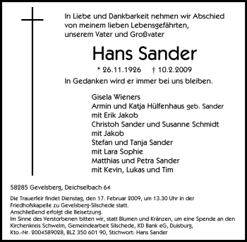 Traueranzeige von Hans Sander von Tageszeitung