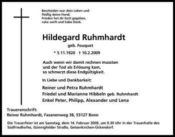 Traueranzeige von Hildegard Ruhmhardt von Tageszeitung