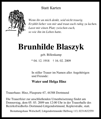 Traueranzeige von Brunhilde Blaszyk von Tageszeitung
