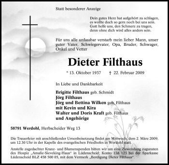Traueranzeige von Dieter Filthaus von Tageszeitung