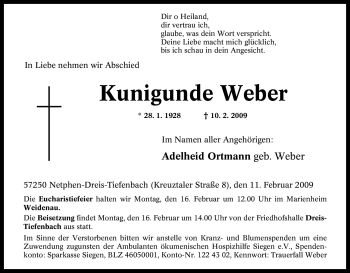 Traueranzeige von Kunigunde Weber von Tageszeitung