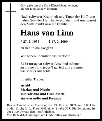 Traueranzeige von Hans van Linn von Tageszeitung
