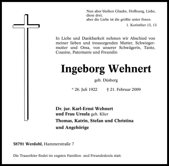Traueranzeige von Ingeborg Wehnert von Tageszeitung