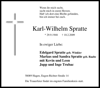Traueranzeige von Karl-Wilhelm Spratte von Tageszeitung