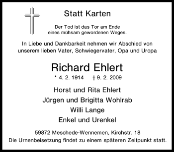 Traueranzeige von Richard Ehlert von Tageszeitung
