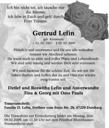 Traueranzeige von Gertrud Lefin von Tageszeitung