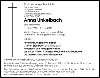 Traueranzeige von Anna Unkelbach von Tageszeitung
