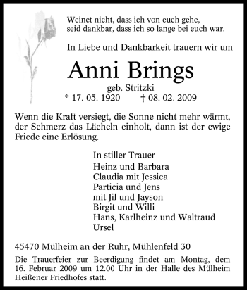 Traueranzeige von Anni Brings von Tageszeitung