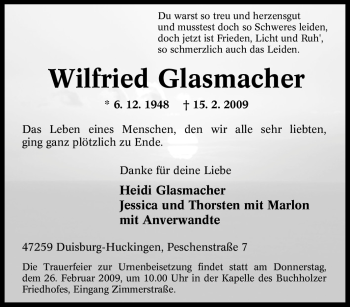 Traueranzeige von Wilfried Glasmacher von Tageszeitung