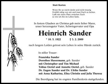 Traueranzeige von Heinrich Sander von Tageszeitung