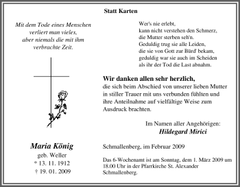 Traueranzeige von Maria König von Tageszeitung