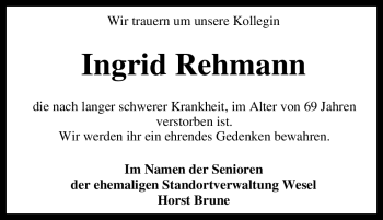 Traueranzeige von Ingrid Rehmann von Tageszeitung
