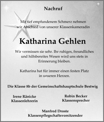 Traueranzeige von Katharina Gehlen von Tageszeitung