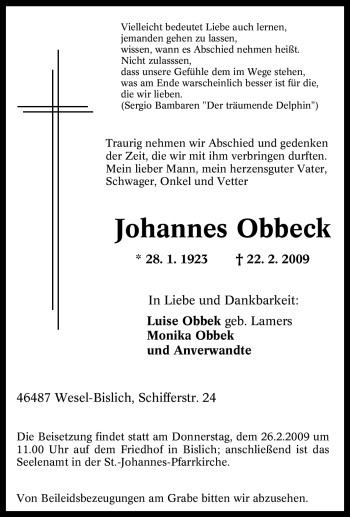 Traueranzeige von Johannes Obbeck von Tageszeitung