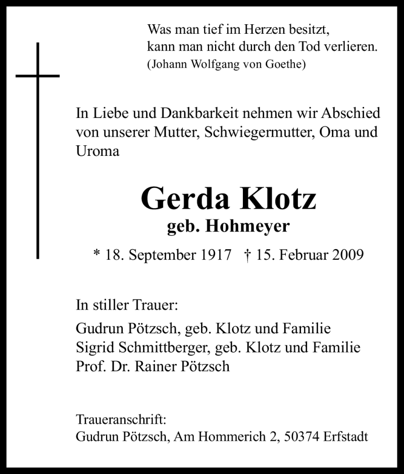  Traueranzeige für Gerda Klotz vom 28.02.2009 aus Tageszeitung