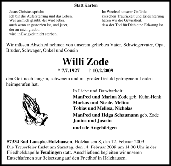Traueranzeige von Willi Zode von Tageszeitung