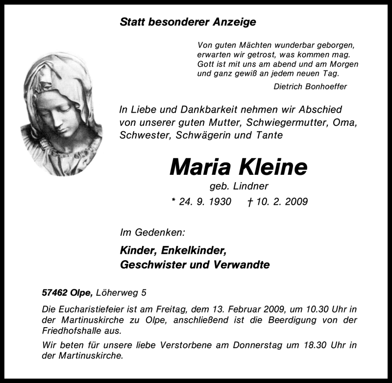  Traueranzeige für Maria Kleine vom 12.02.2009 aus Tageszeitung