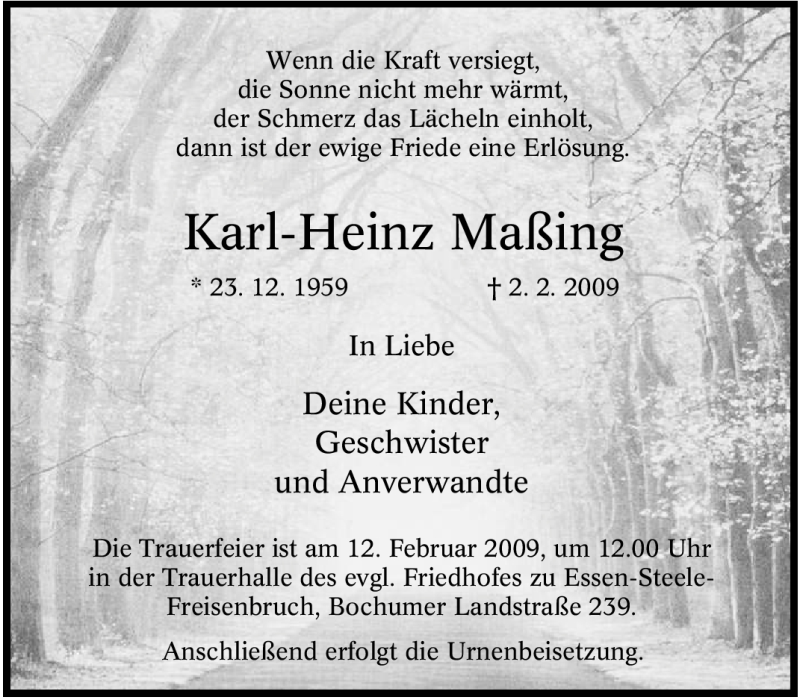  Traueranzeige für Karl-Heinz Maßing vom 09.02.2009 aus Tageszeitung