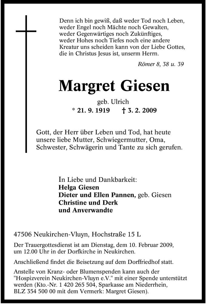  Traueranzeige für Margret Giesen vom 07.02.2009 aus Tageszeitung