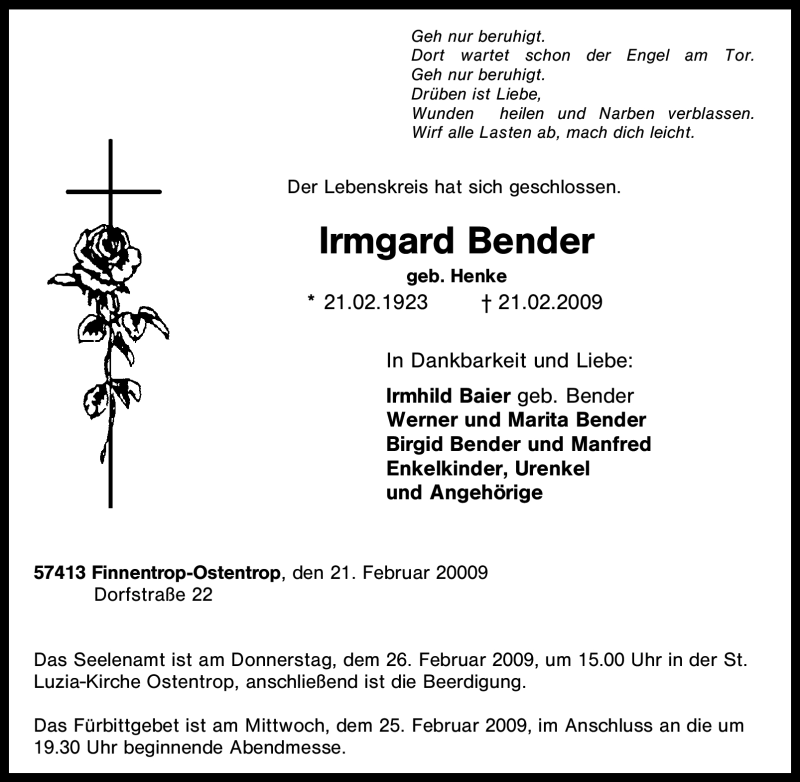  Traueranzeige für Irmgard Bender vom 23.02.2009 aus Tageszeitung