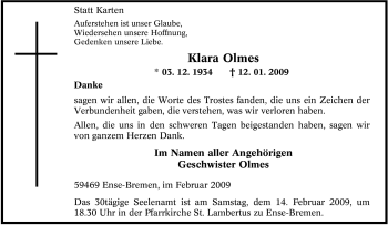 Traueranzeige von Klara Olmes von Tageszeitung