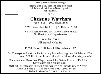 Traueranzeige von Christine Watcham von Tageszeitung