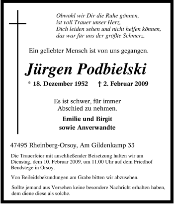 Traueranzeige von Jürgen Podbielski von Tageszeitung