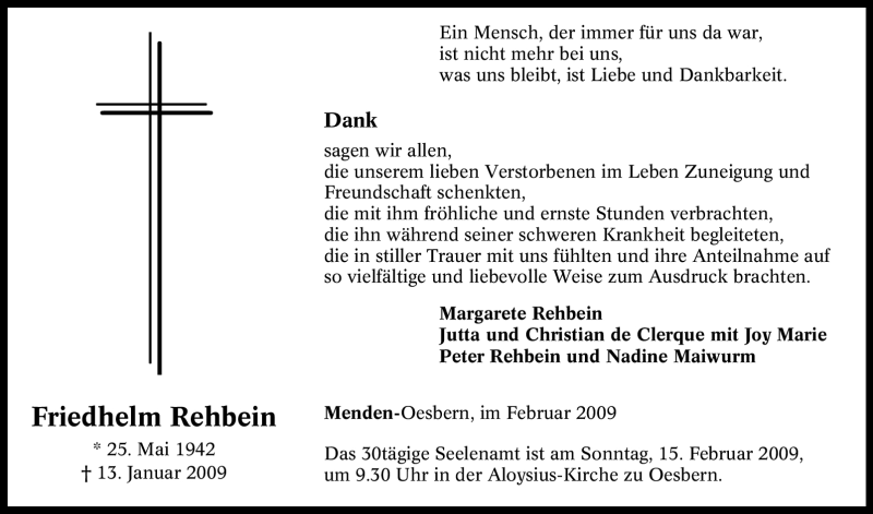  Traueranzeige für Friedhelm Rehbein vom 11.02.2009 aus Tageszeitung
