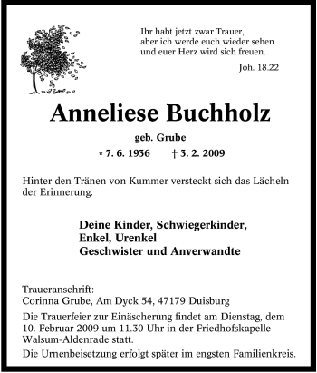 Traueranzeige von Anneliese Buchholz von Tageszeitung
