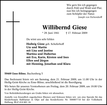 Traueranzeige von Willibernd Giese von Tageszeitung