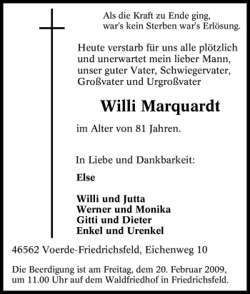 Traueranzeige von Willi Marquardt von Tageszeitung