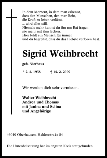 Traueranzeige von Sigrid Weihbrecht von Tageszeitung